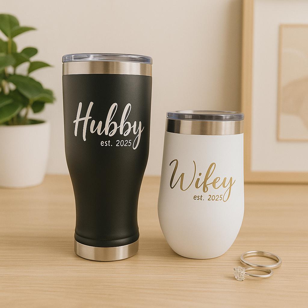 Personalized Hubby Wifey Tumbler Set, Engraved Stainless Steel Travel Mugs