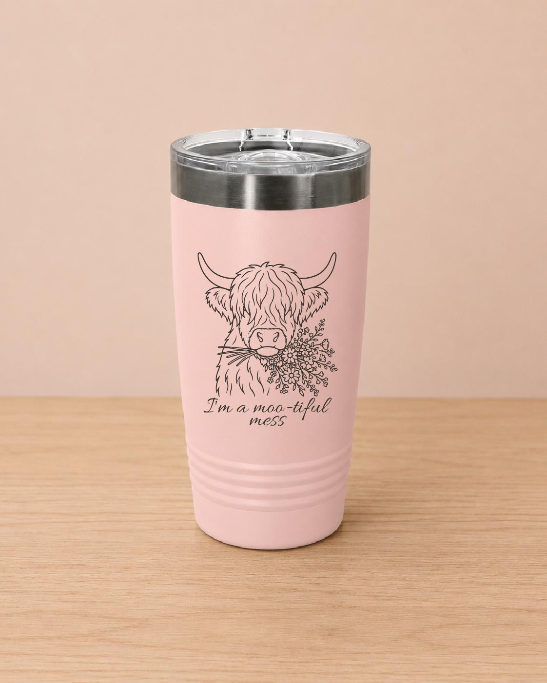 Highland Cow Tumbler | "Moo-tiful Mess" Engraved Stainless Steel Travel Mug