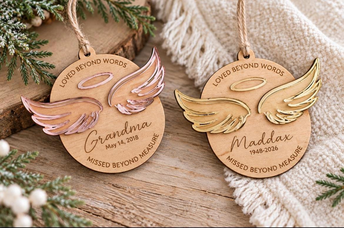 Angel Wings Memorial Personalized Wood Christmas Ornament