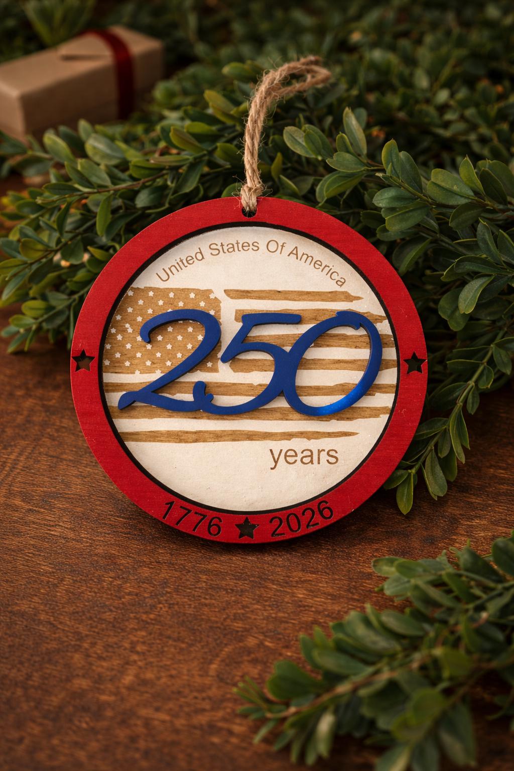 USA 250th Anniversary Wood Christmas Ornament