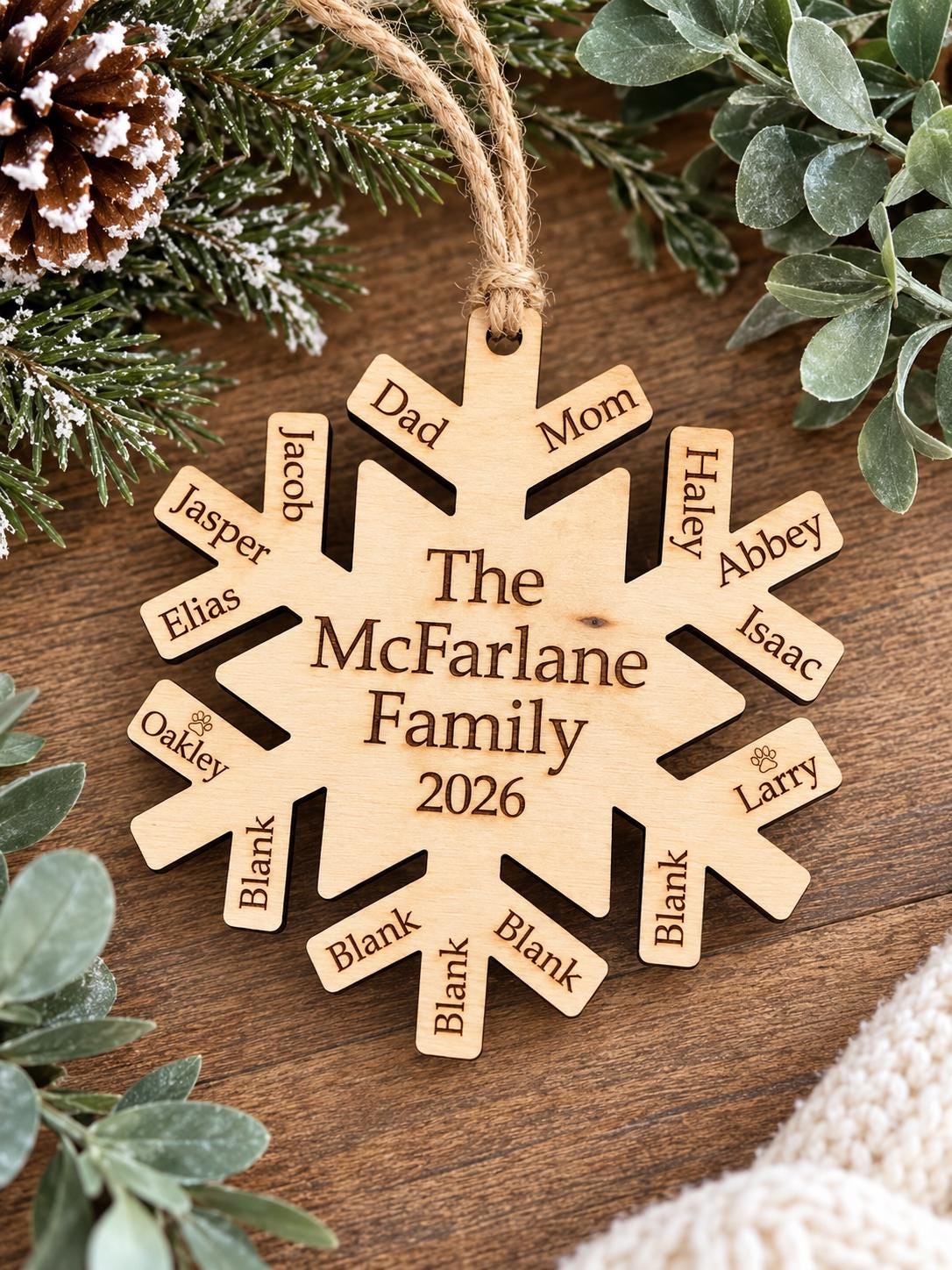 Family Snowflake Personalized Wood Christmas Ornament
