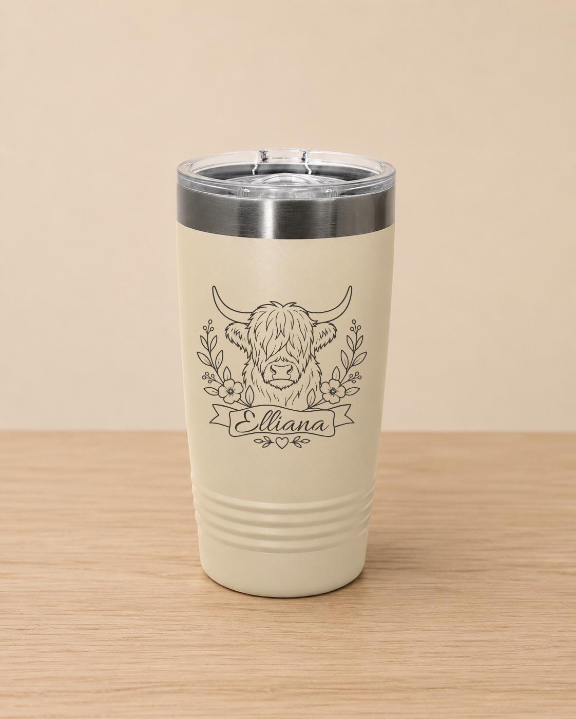 Personalized Highland Cow Tumbler | Floral Stainless Steel Travel Mug