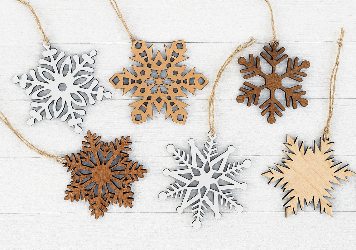 Rustic Wooden Snowflake Ornaments - Set of 6