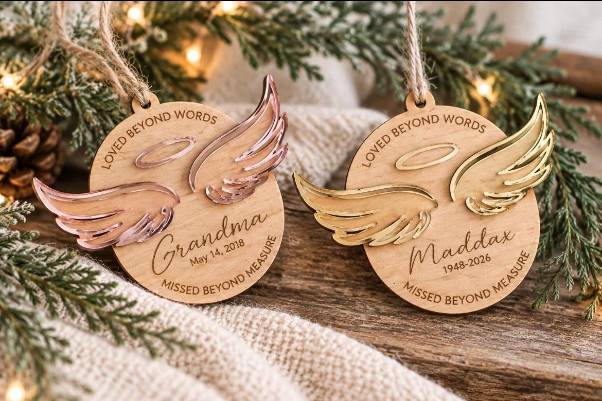Angel Wings Memorial Personalized Wood Christmas Ornament