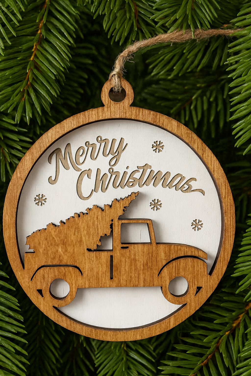 Merry Christmas Old Fashion Truck Wood Ornament