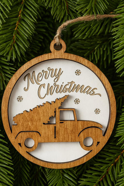 Merry Christmas Old Fashion Truck Wood Ornament