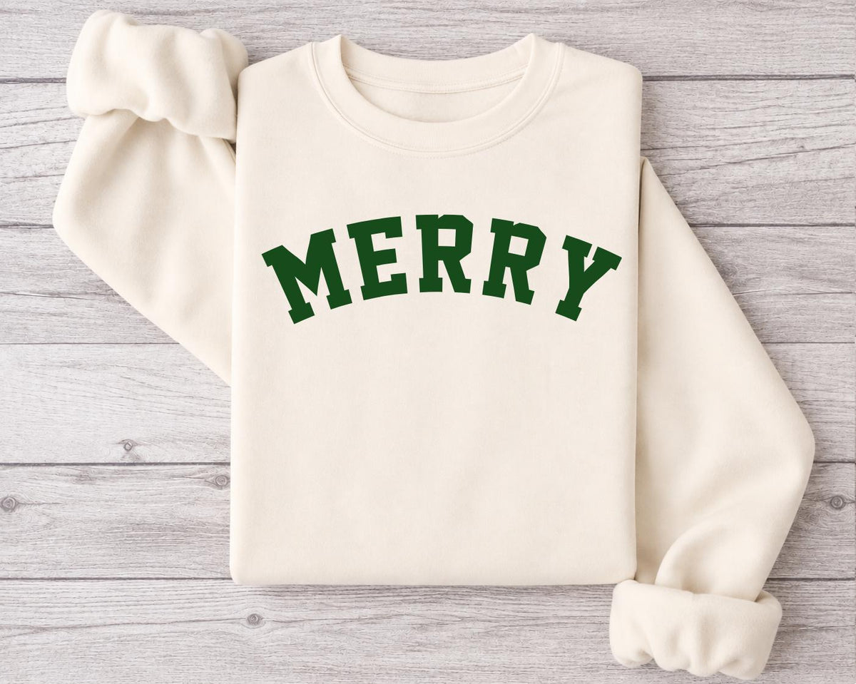 Merry Christmas Sweatshirt | Collegiate Font, Cozy Holiday Crewneck
