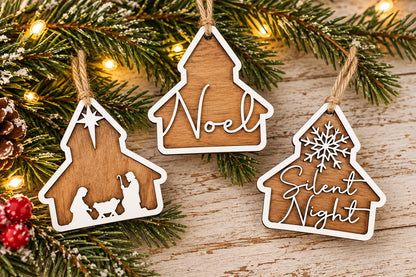 Nativity, Noel, & Silent Night Wood Christmas Ornaments