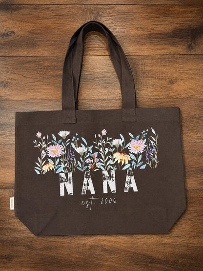 Floral Nana Tote Bag | Wildflower Market Bag, Personalized Est. Year Gift