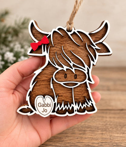 Highland Cow Personalized Wood Christmas Ornament