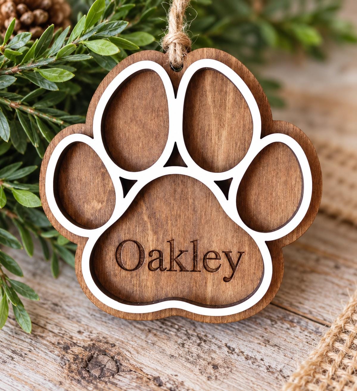Pet Paw Print Personalized Wood Christmas Ornament