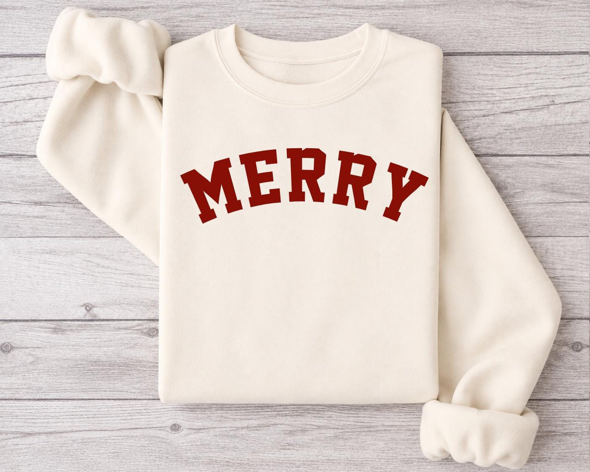 Merry Christmas Sweatshirt | Collegiate Font, Cozy Holiday Crewneck