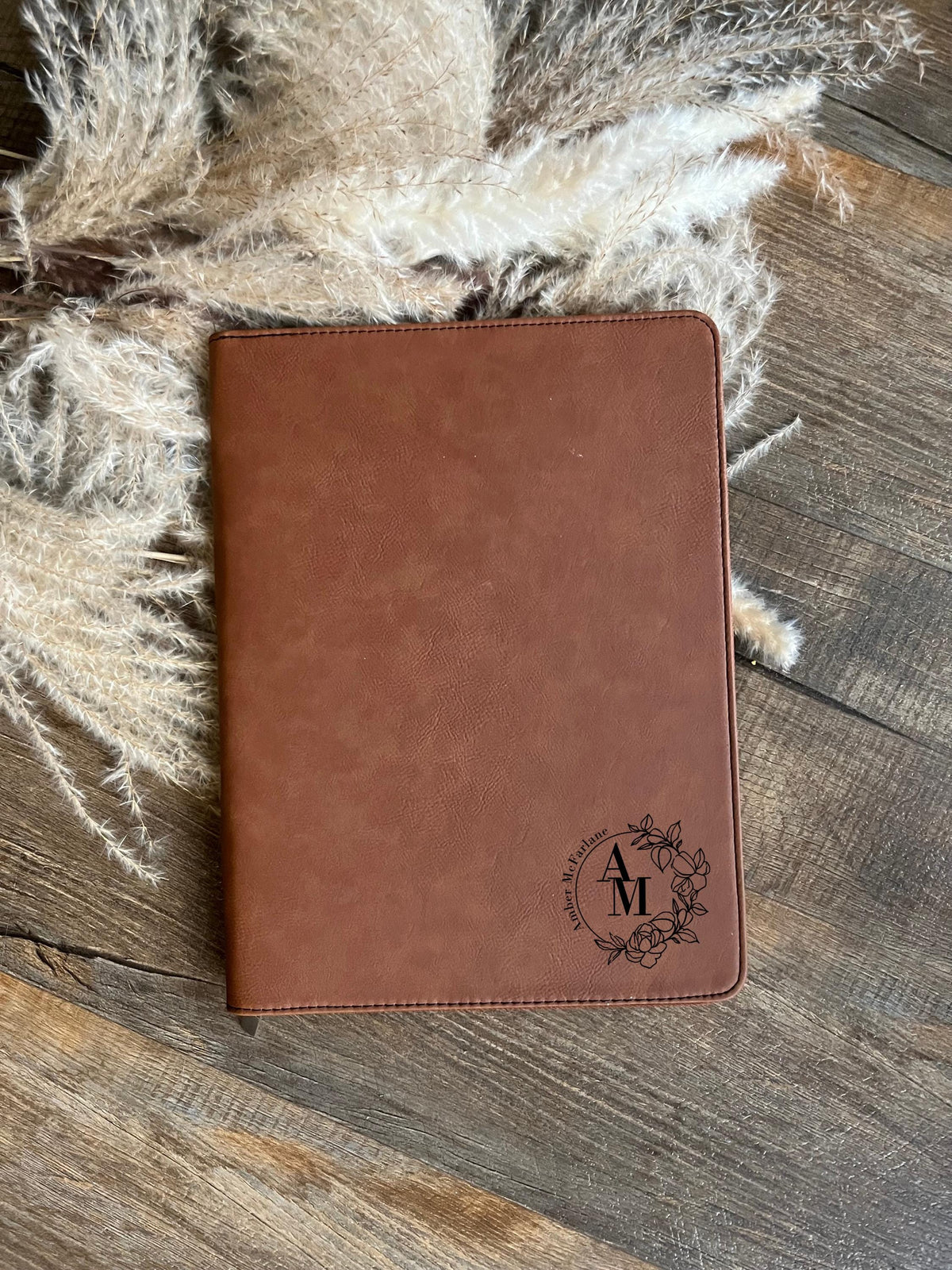 Personalized Faux Leather Portfolio with Floral Monogram | Zippered Organizer