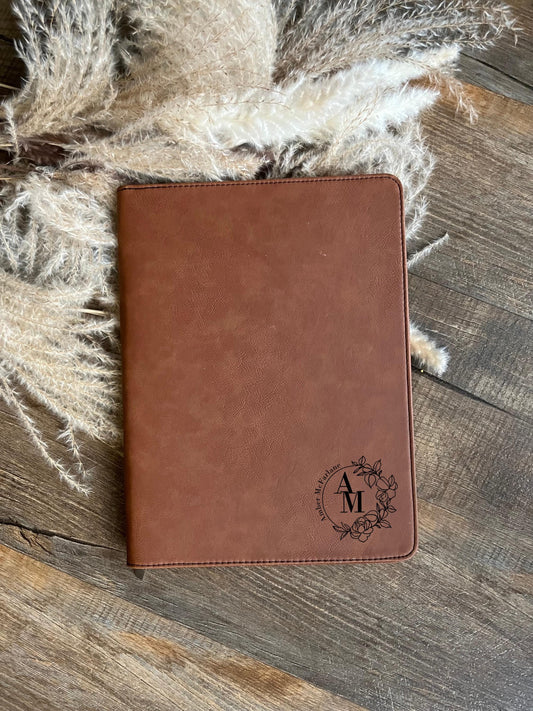Personalized Faux Leather Portfolio with Floral Monogram | Zippered Organizer