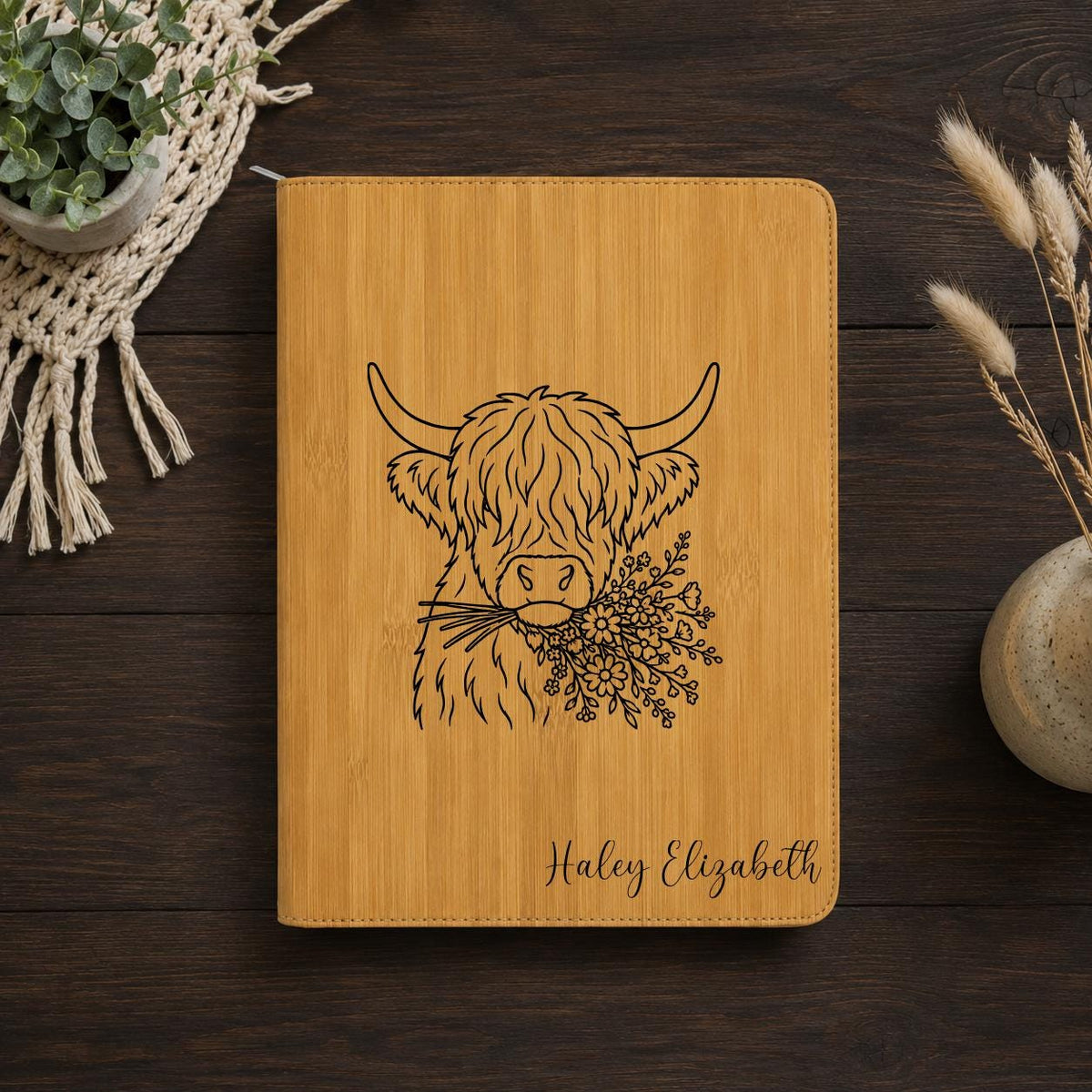 Personalized Highland Cow Portfolio Binder | Floral Zippered Note Organizer, Vegan Leather