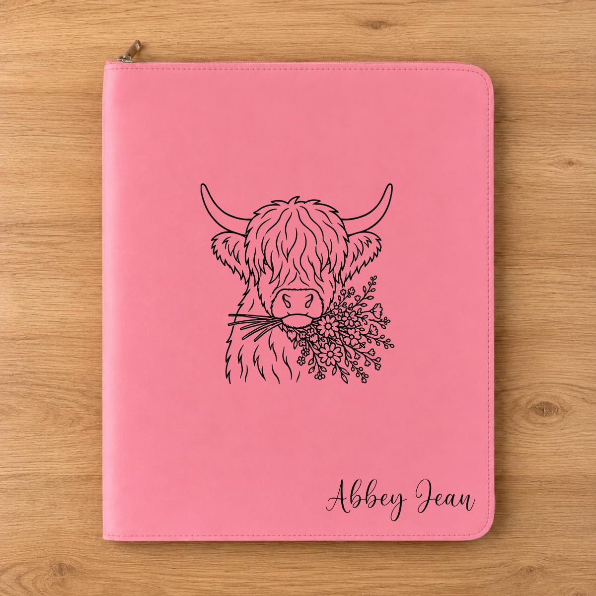 Personalized Highland Cow Portfolio Binder | Floral Zippered Note Organizer, Vegan Leather