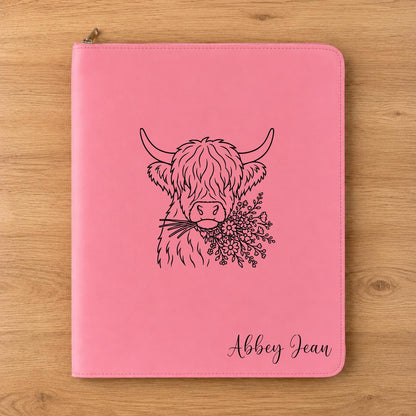 Personalized Highland Cow Portfolio Binder | Floral Zippered Note Organizer, Vegan Leather