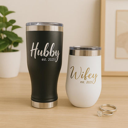 Personalized Hubby Wifey Tumbler Set, Engraved Stainless Steel Travel Mugs