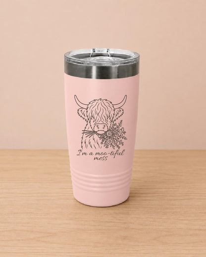 Highland Cow Tumbler | "Moo-tiful Mess" Engraved Stainless Steel Travel Mug