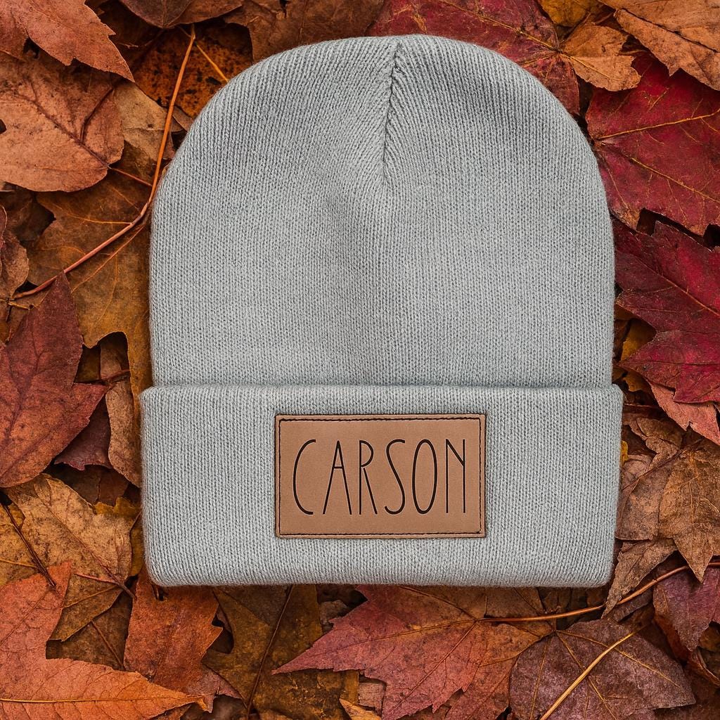 Personalized Knit Beanie – Custom Engraved Leatherette Patch Winter Hat
