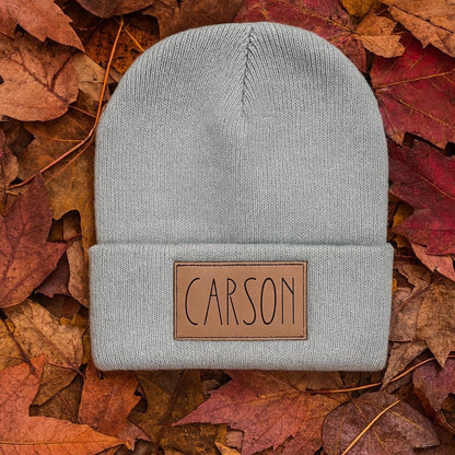 Personalized Knit Beanie – Custom Engraved Leatherette Patch Winter Hat