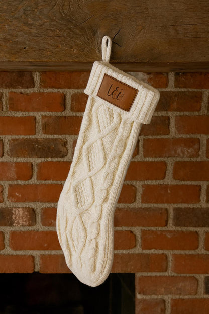 Personalized Christmas Stocking: Cream Cable Knit with Engraved Leatherette Patch