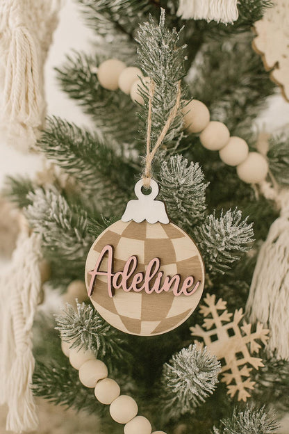 Personalized Wood Christmas Ornament – Buffalo Plaid Farmhouse Tree Decor