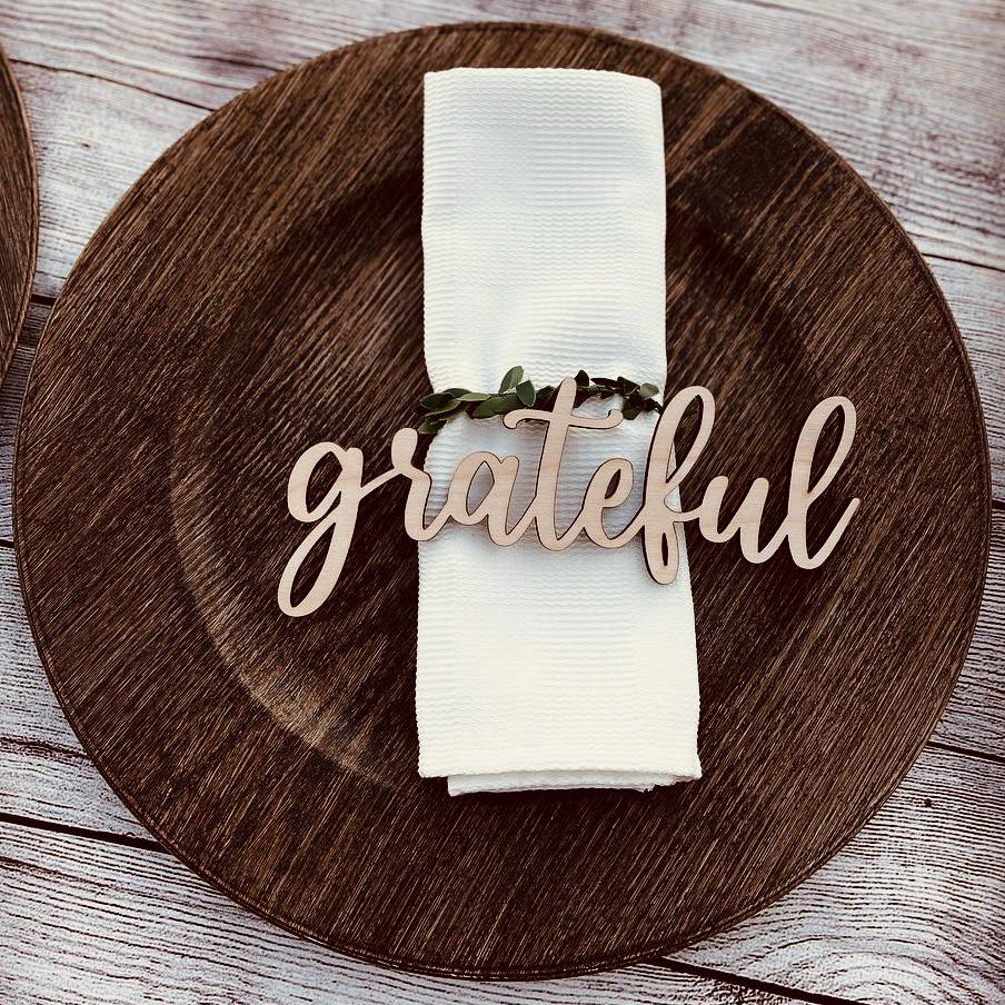 Custom Laser Cut Wood Thanksgiving Place Cards: Grateful, Thankful, Blessed