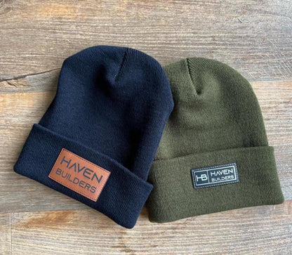 Personalized Knit Beanie – Custom Engraved Leatherette Patch Winter Hat
