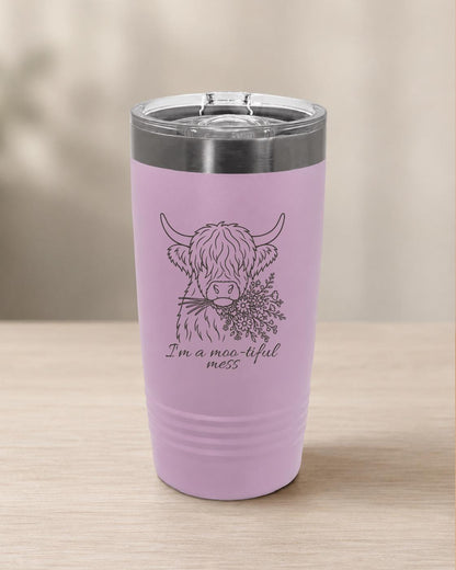 Highland Cow Tumbler | "Moo-tiful Mess" Engraved Stainless Steel Travel Mug