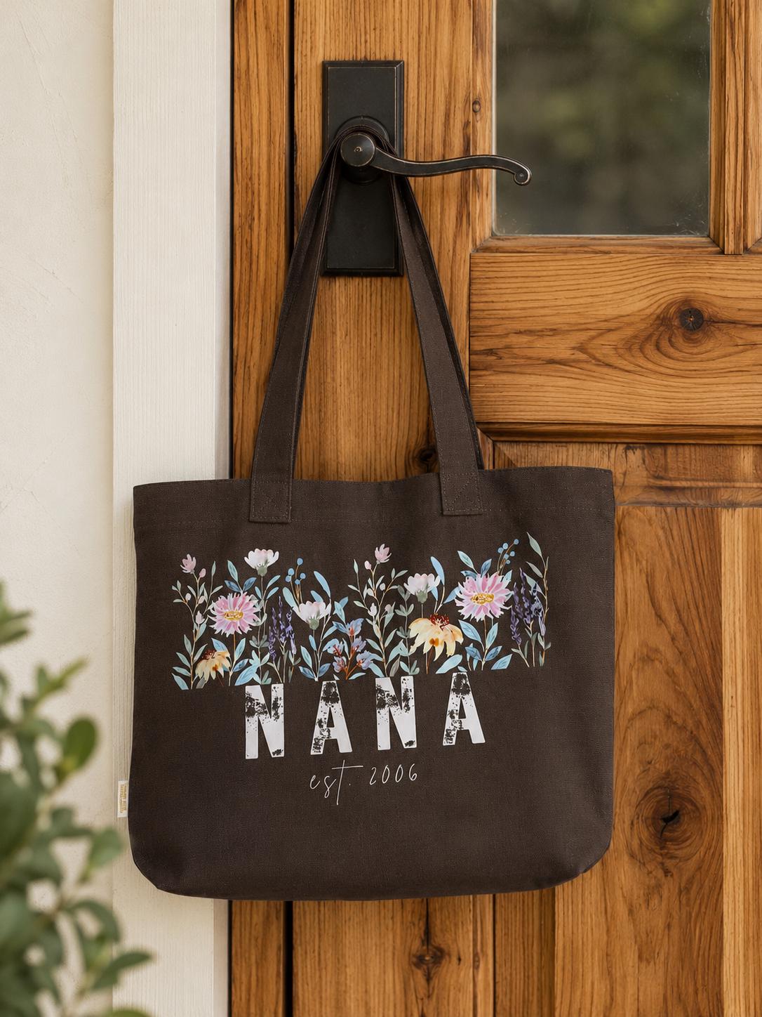 Floral Nana Tote Bag | Wildflower Market Bag, Personalized Est. Year Gift