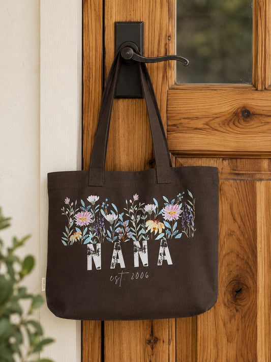 Floral Nana Tote Bag | Wildflower Market Bag, Personalized Est. Year Gift