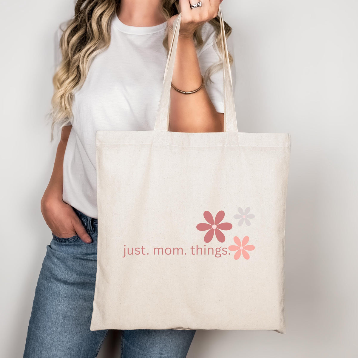 Just Mom Things Canvas Tote, Minimalist Floral Mama Bag