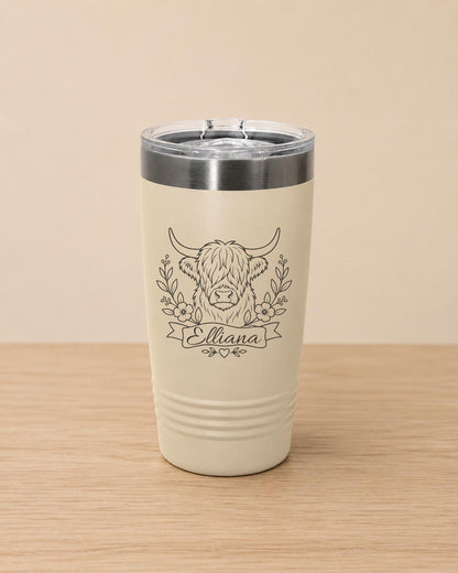 Personalized Highland Cow Tumbler | Floral Stainless Steel Travel Mug