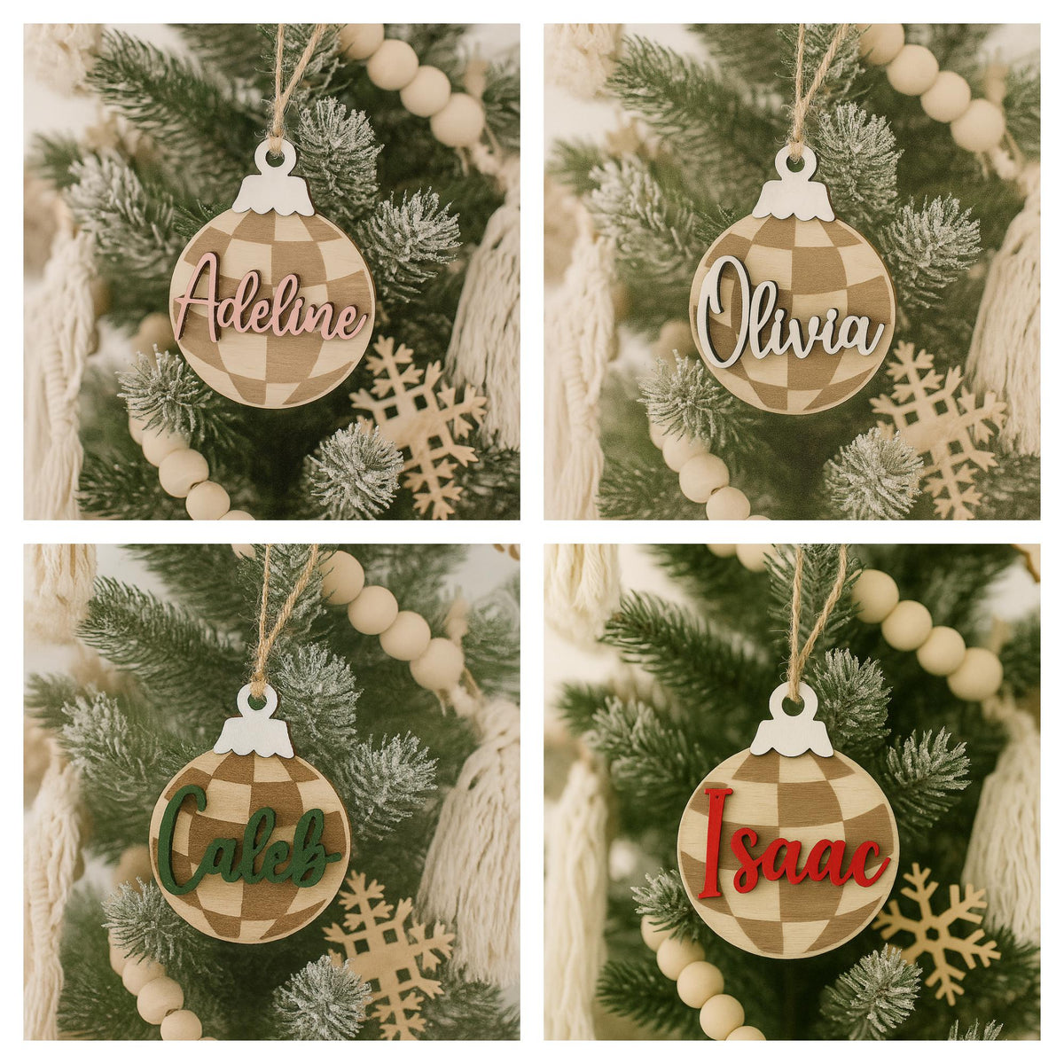 Personalized Wood Christmas Ornament – Buffalo Plaid Farmhouse Tree Decor