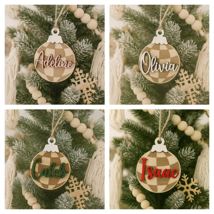 Personalized Wood Christmas Ornament – Buffalo Plaid Farmhouse Tree Decor