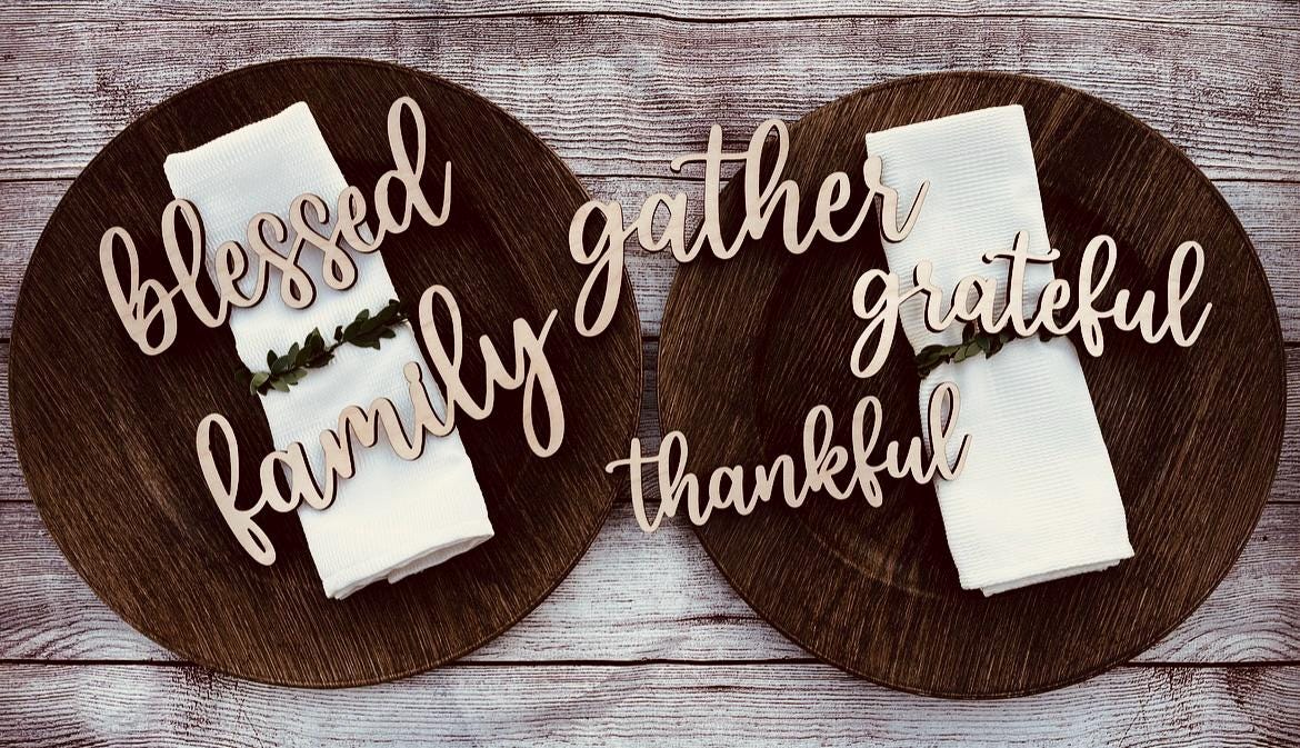 Custom Laser Cut Wood Thanksgiving Place Cards: Grateful, Thankful, Blessed