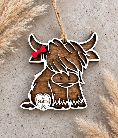 Highland Cow Personalized Wood Christmas Ornament