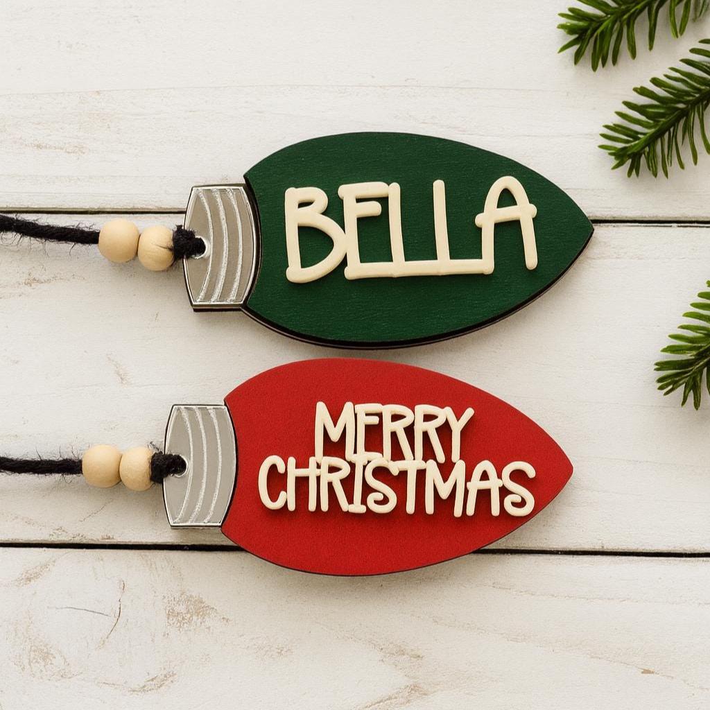 Personalized Wood Christmas Light Bulb Ornament