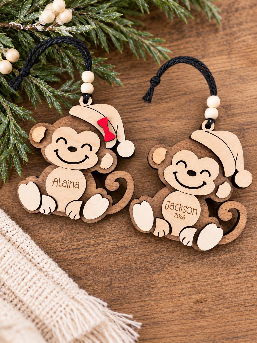 Monkey Personalized Wood Christmas Ornament