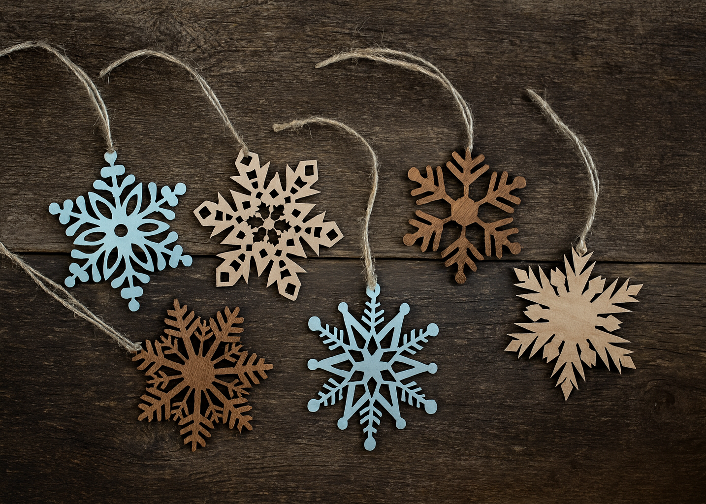Rustic Wooden Snowflake Ornaments - Set of 6