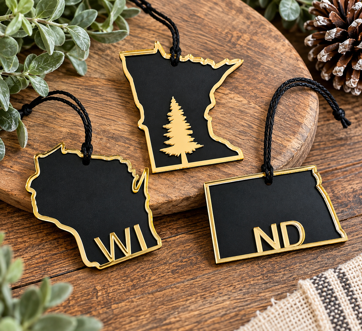 State Ornaments - Black Wood & Gold Acrylic Ornaments
