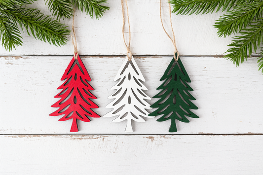 Red, White & Green Wooden Christmas Tree Ornaments Set of 3