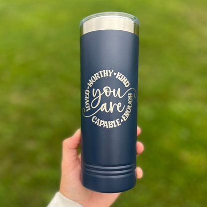 22oz engraved skinny tumbler with metal straw