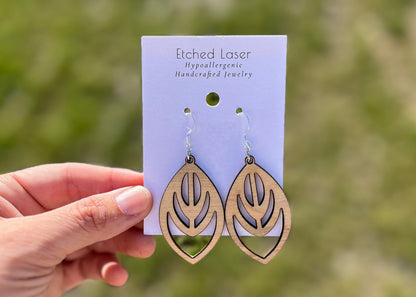 Laser Cut Leaf Drop Wood Earrings