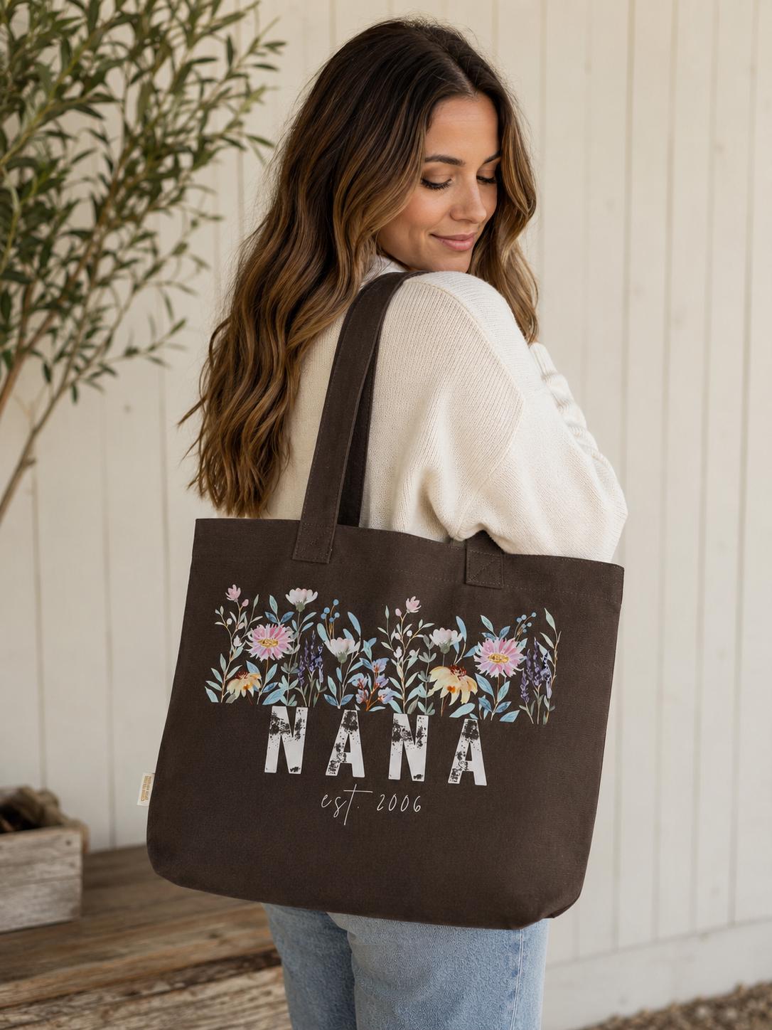 Floral Nana Tote Bag | Wildflower Market Bag, Personalized Est. Year Gift