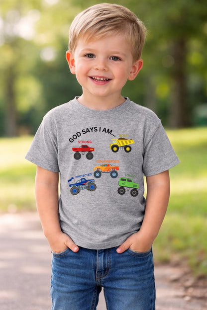 Boys Christian Monster Truck Shirt | God Says I Am Affirmations Tee