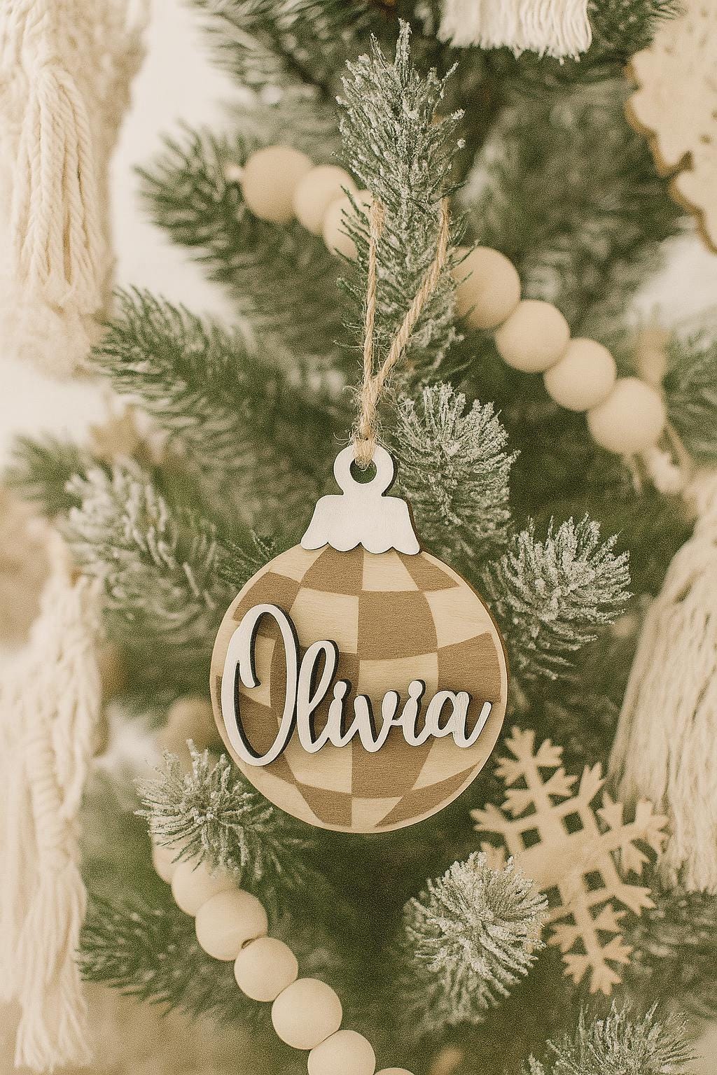 Personalized Wood Christmas Ornament – Buffalo Plaid Farmhouse Tree Decor