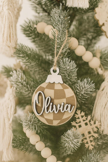 Personalized Wood Christmas Ornament – Buffalo Plaid Farmhouse Tree Decor