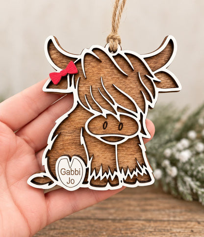 Highland Cow Personalized Wood Christmas Ornament
